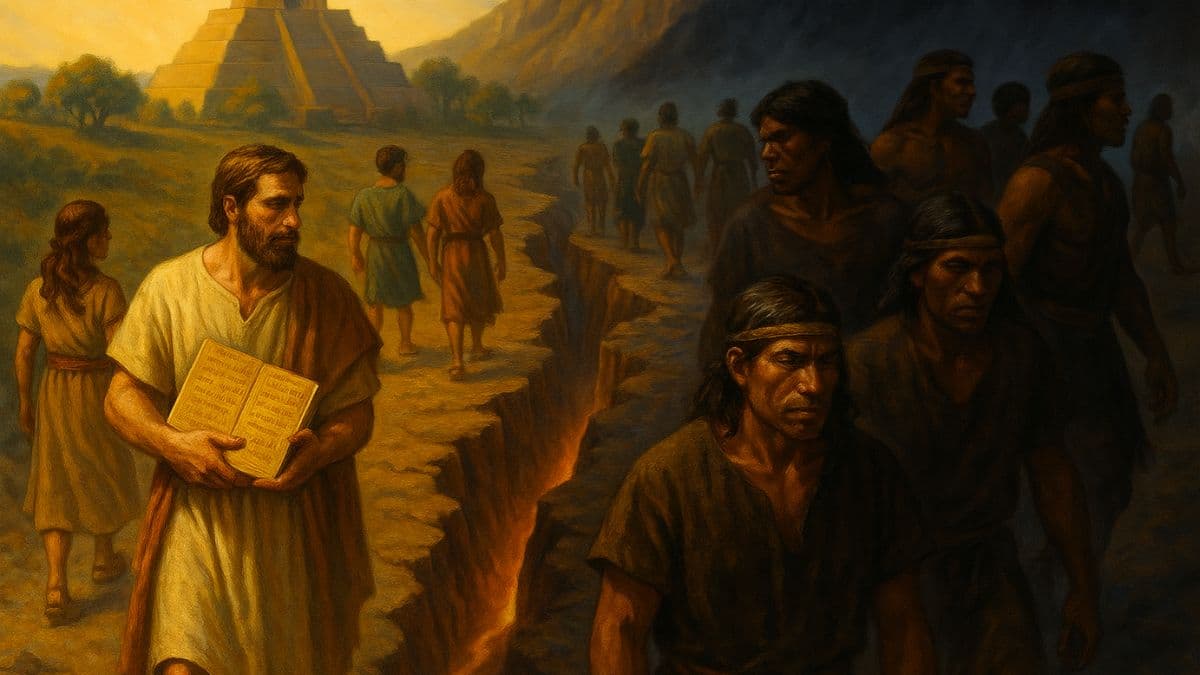 Illustration of Nephites and Lamanites dividing in the Book of Mormon (2 Nephi 5:21), symbolizing the racial curse with light and shadow.