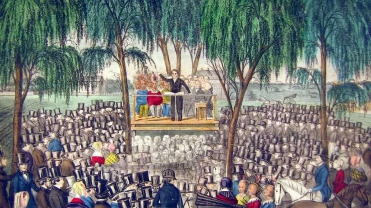 An artist's depiction of Joseph Smith preaching his theologically-rich King Follett Discourse in 1844