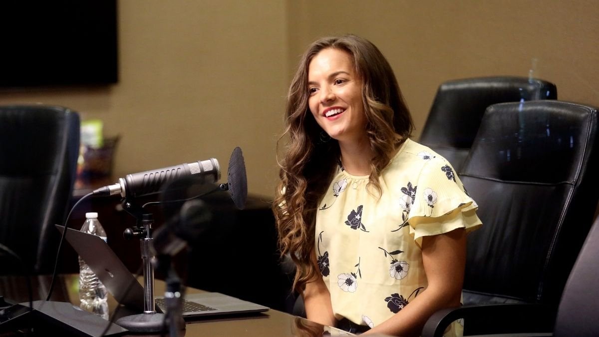 Morgan Jones recording an episode of the LDS Living All In podcast