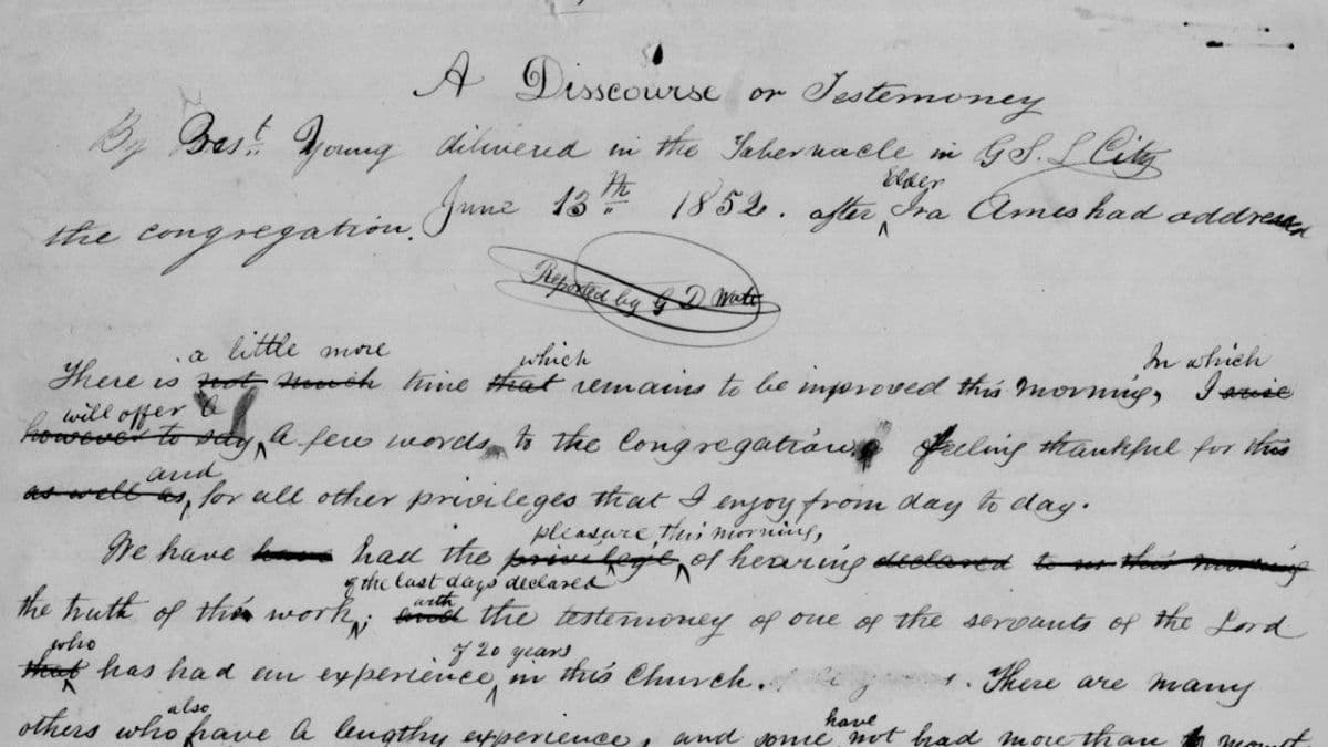 A sample transcription from the Journal of Discourses illustrates additions and deletions made by recorders such as George D. Watt and David W. Evans