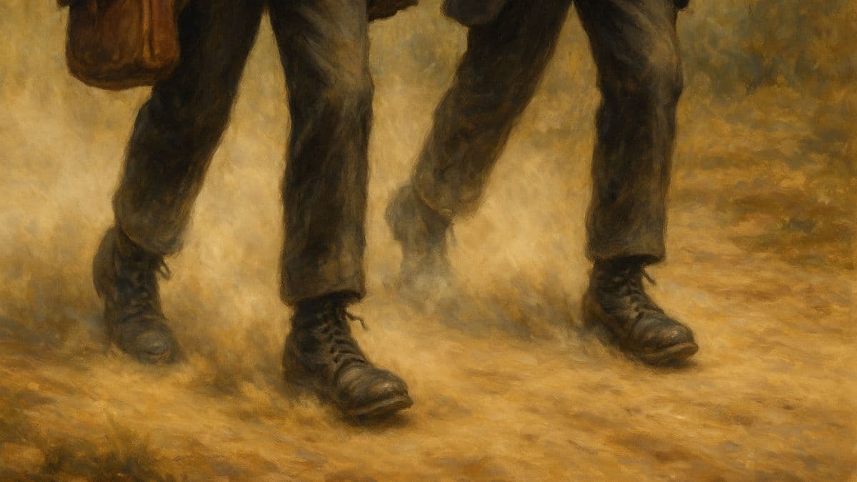 Oil painting of early 1830s Latter-day Saint missionaries shaking dust from their feet, symbolizing rejection and divine judgment in the New Testament and Doctrine and Covenants.