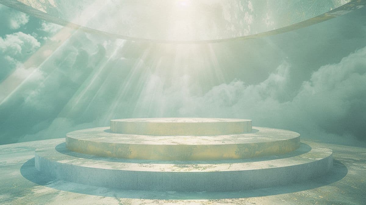 A symbolic depiction of layered heavenly light representing the possible degrees within the Celestial Kingdom, with radiant tiers ascending into celestial blue.