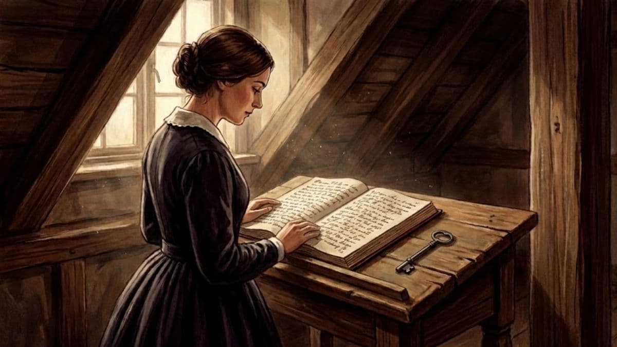 A watercolor illustration depicting a woman in 1840s attire reading a large book of handwritten teachings in a dimly lit upper room. A small iron key rests on the wooden desk beside the book, symbolizing the historical authority and open questions regarding women and the priesthood discussed.
