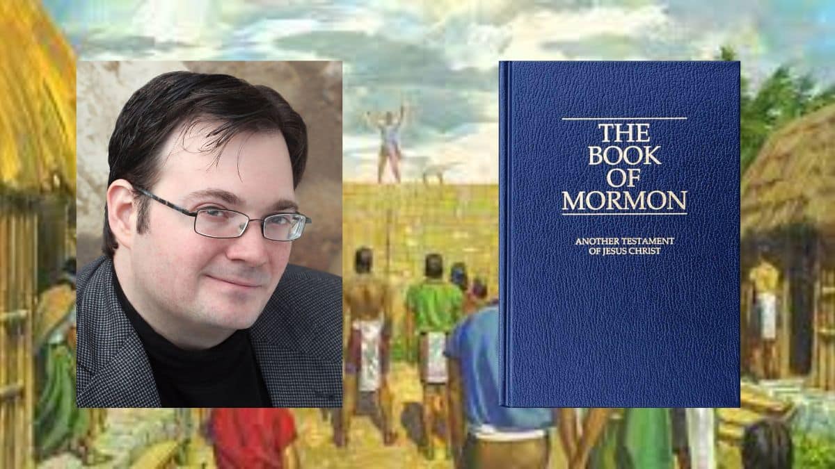 A headshot of Way of Kings author Brandon Sanderson next to a picture of the Book of Mormon