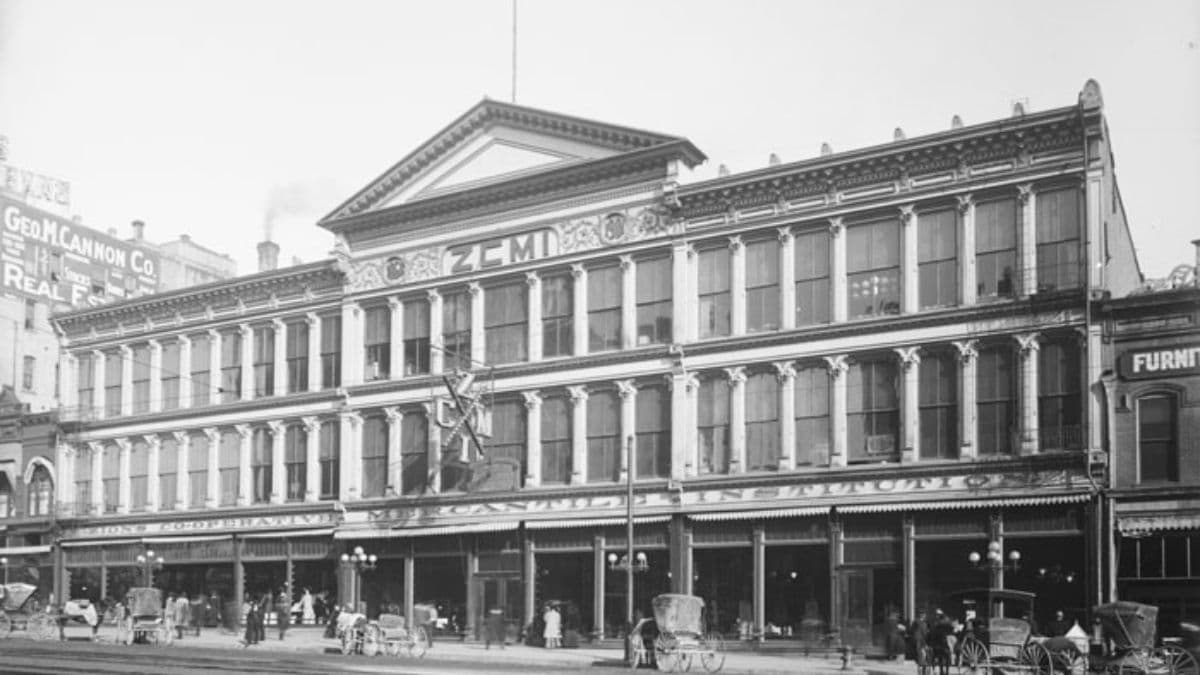 A 1920 glass plate negative of Zion's Cooperative Mercantile Institution (ZCMI) on South Main Street in Salt Lake City
