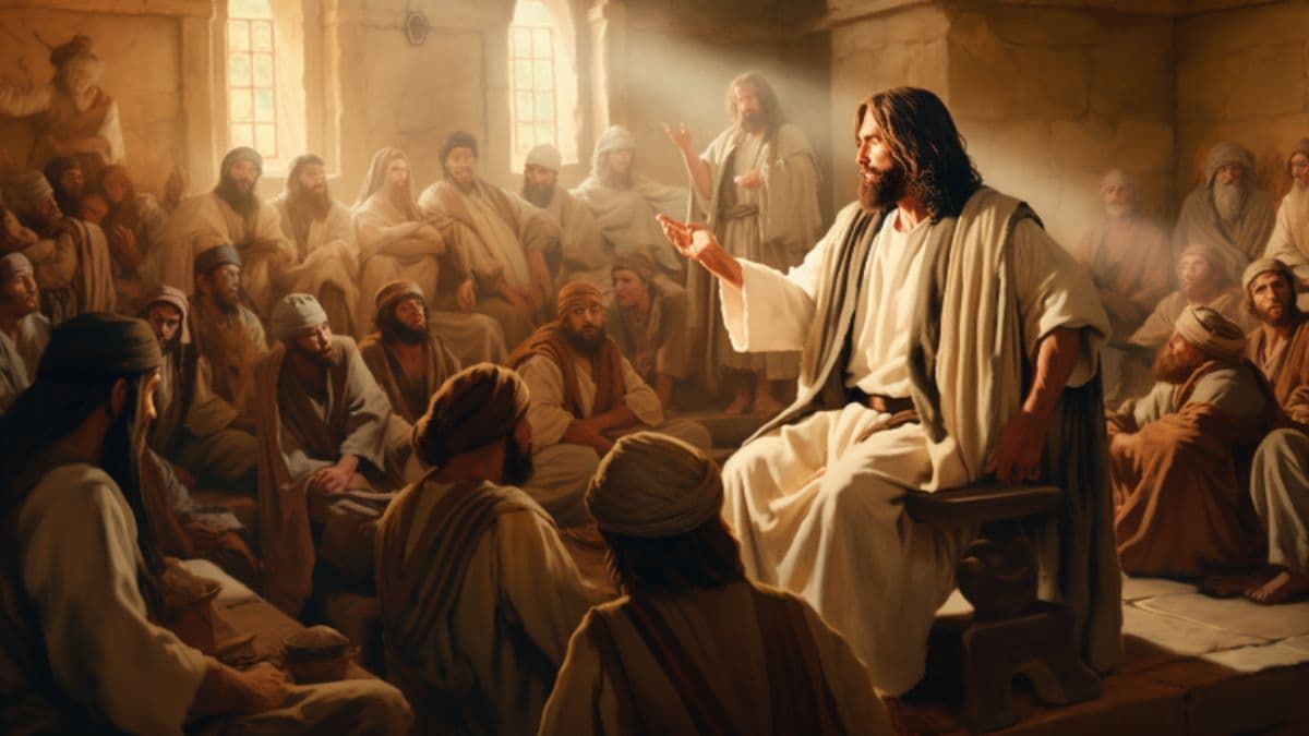 An AI-generated image of Jesus as a rabbi teaching students in an ancient Jewish synagogue.