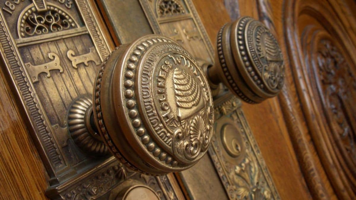A close-up photo of the pioneer door handles on the Salt Lake City Temple.