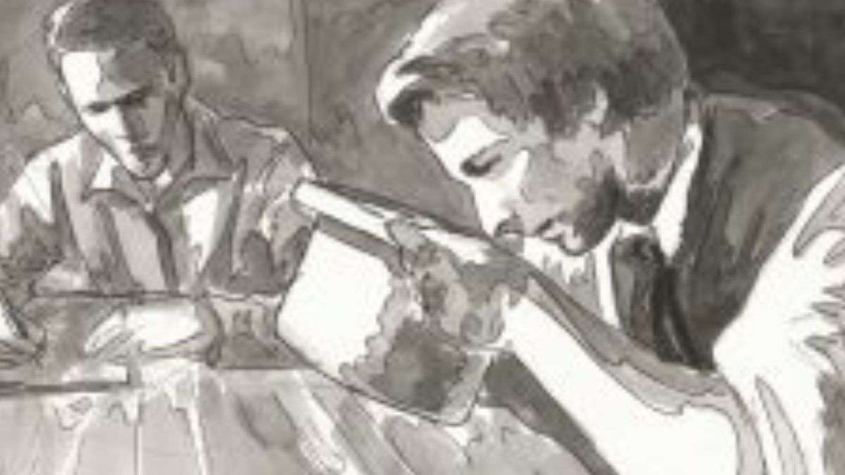An Anthony Sweat sketch depicting Joseph Smith looking into a hat translating the Book of Mormon by the gift and power of God, while Oliver Cowdery serves as scribe.