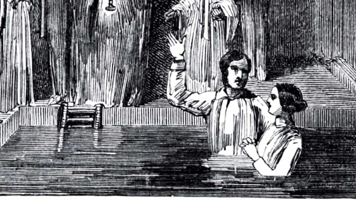 A pioneer sketch of a Latter-day Saint baptism or rebaptism.