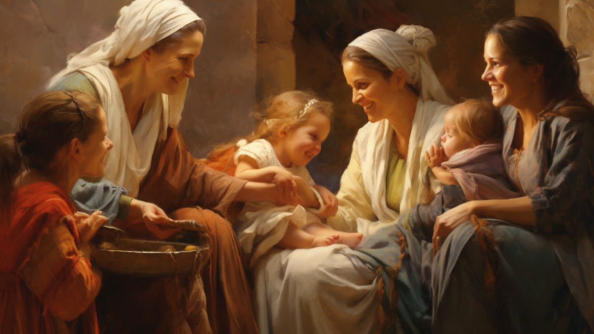 New Testament women of all ages gather around, grateful for their love for and faith in Christ.