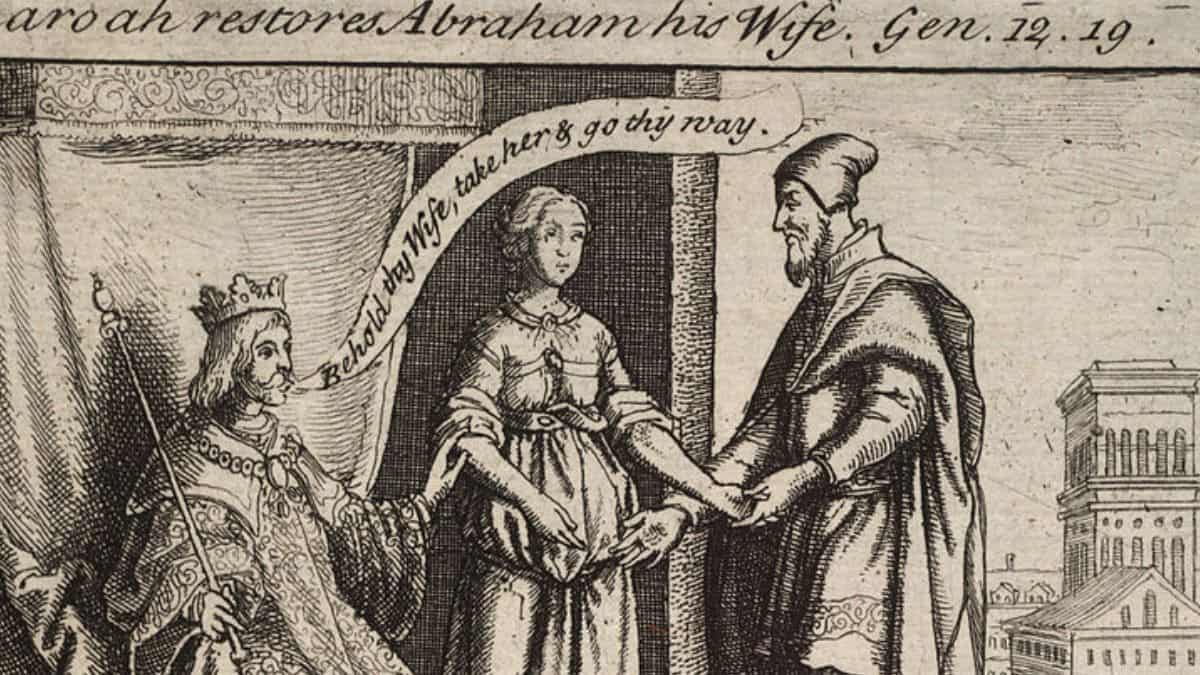 An old sketch showing Sarah being restored to Abrahamic indicative of Abrahamic legends and lore.