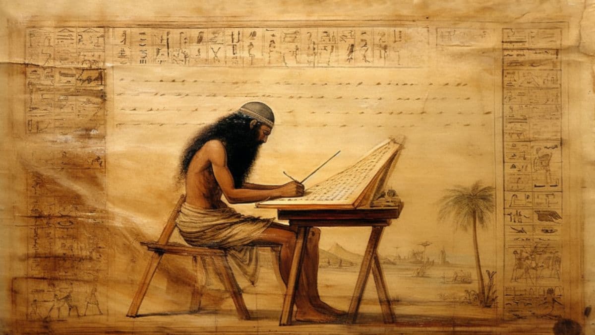 The prophet Abraham writing the Book of Abraham in front of a wall plastered with Egyptian papyrus.