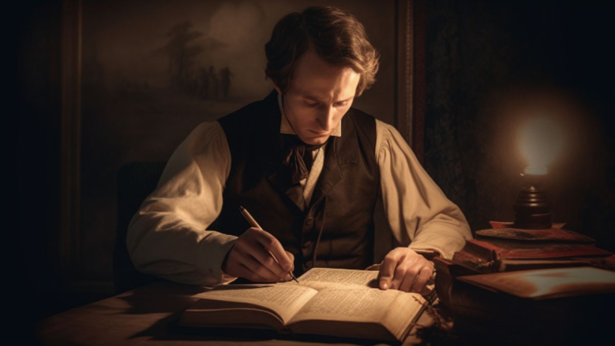 An illustration of Joseph Smith translating the Book of Abraham from Egyptian Papyri