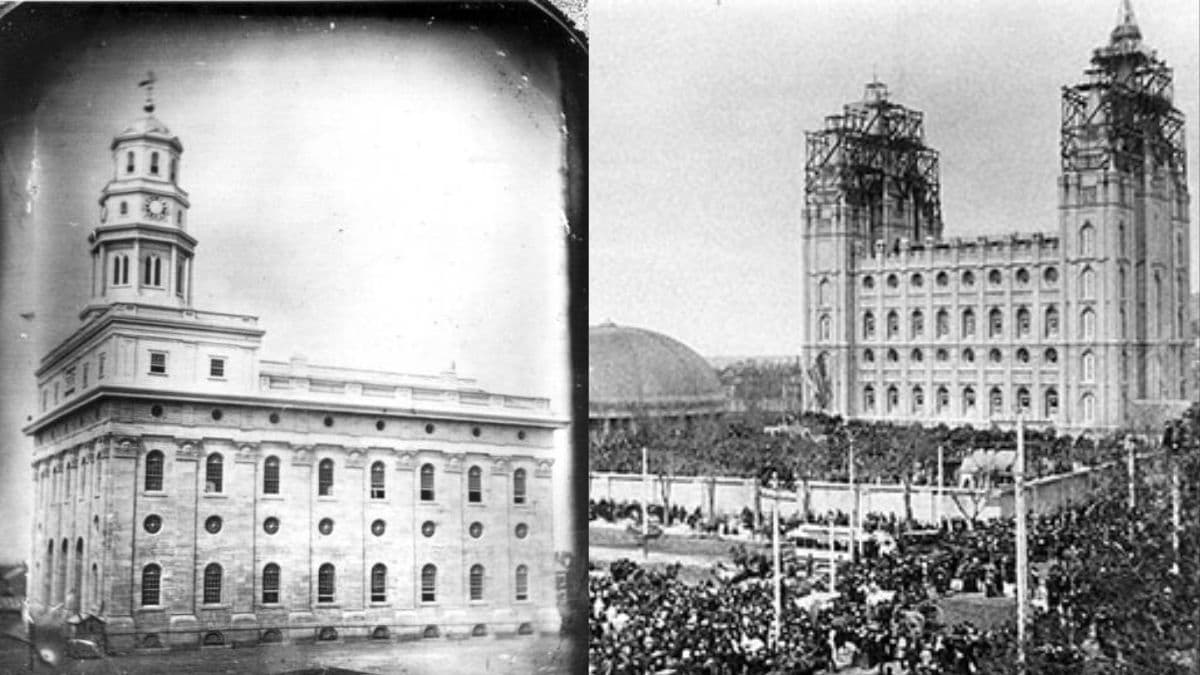 Black and white pioneer photos of the Nauvoo and SLC temples, setting the tone for a discussion about how definitions of the Law of the Gospel have evolved over time.