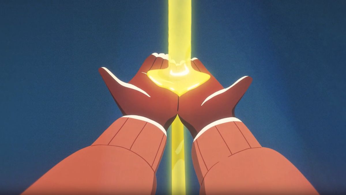 A screenshot of a Bible Project video showing anointing oil falling from heaven into a person's hands.