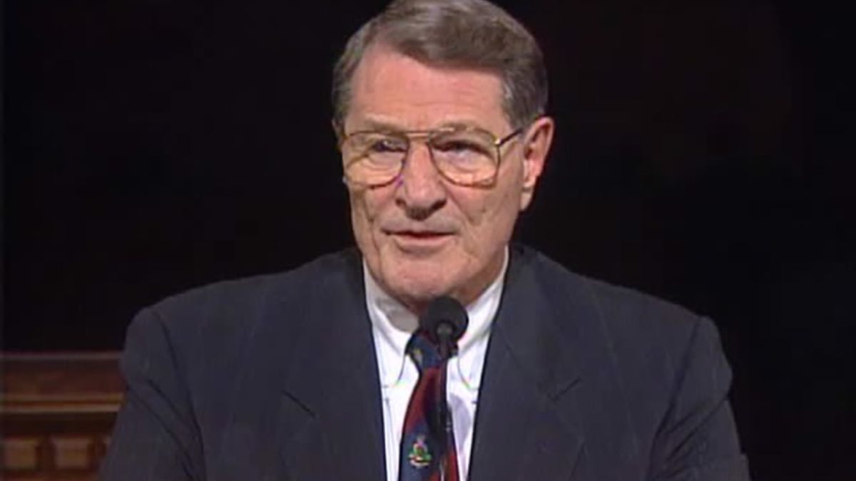 Neal A. Maxwell featured at the pulpit in the tabernacle. His talks are still popular decades after his death.