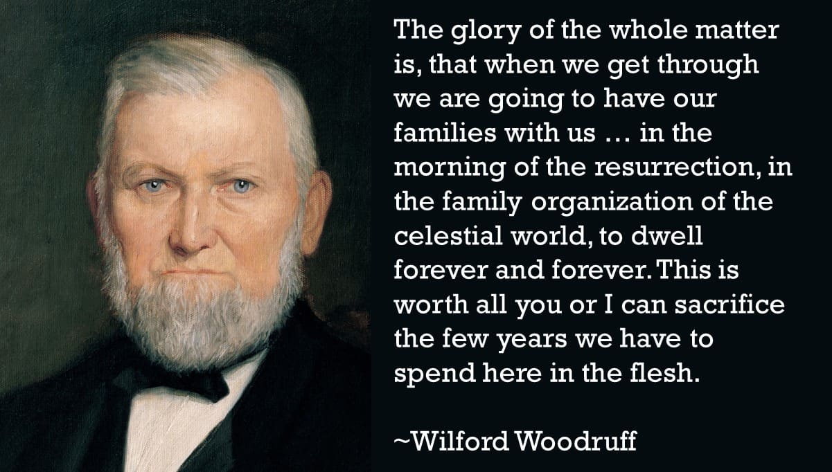 A side by side graphic featuring Wilford Woodruff next to a prophetic quote.