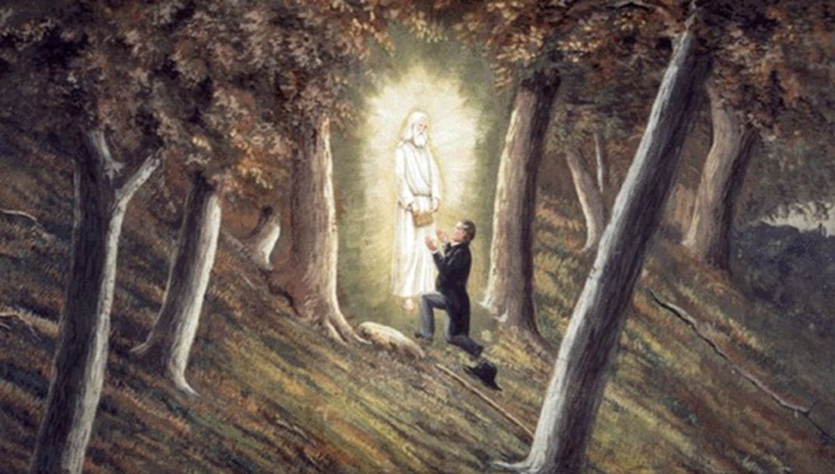 A painting of Moroni and Joseph Smith showing the early cultural history of the gold plates as explained by Richard Bushman.