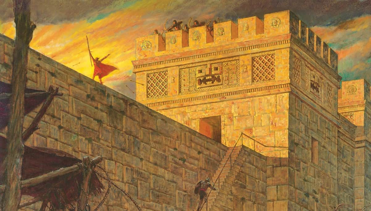 The classic painting of Samuel the Lamanite on a wall preaching to the Nephites.