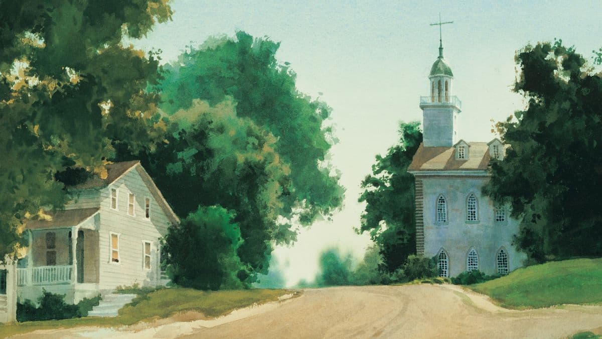 An Al Rounds painting of the historic Kirtland Temple.