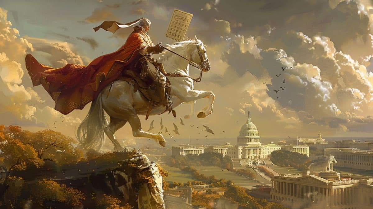 An illustration of the White Horse Prophecy, featuring a heroic figure holding the constitution on a white horse with Washington DC in the background.