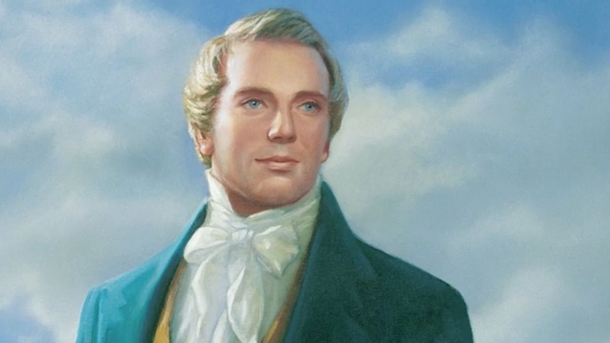 A painting of Latter-day Saint prophet Joseph Smith preaching from the Book of Mormon.