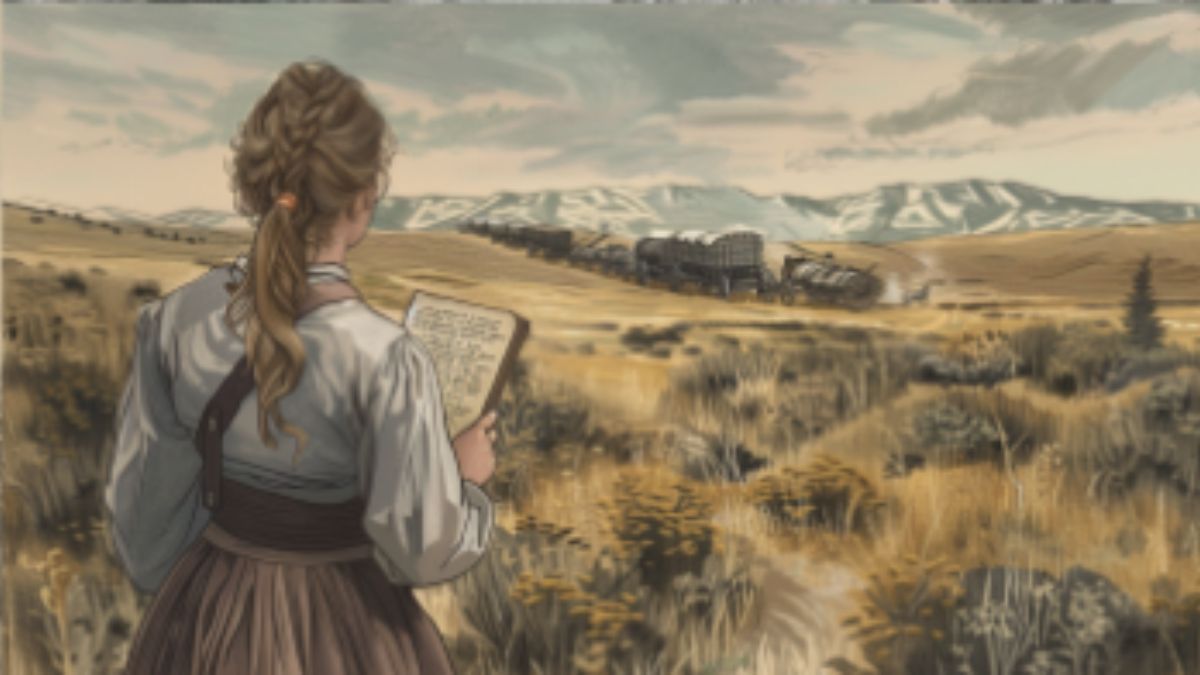 A woman in her 20s holding a book looking at a pioneer wagon train in the distance, conveying the emotion of learning about challenging church history issues as found in Deseret Book's "Let's Talk About" series.