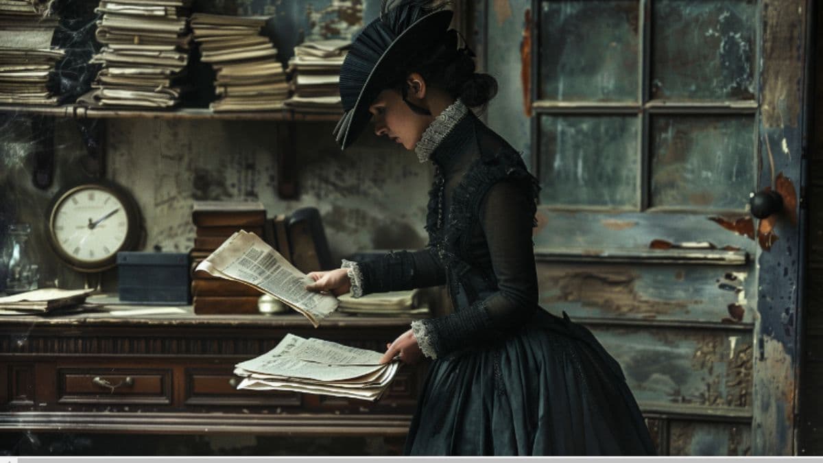 An AI-generated image showing Lucy Harris contemplated stealing the 116 pages from the Book of Mormon.