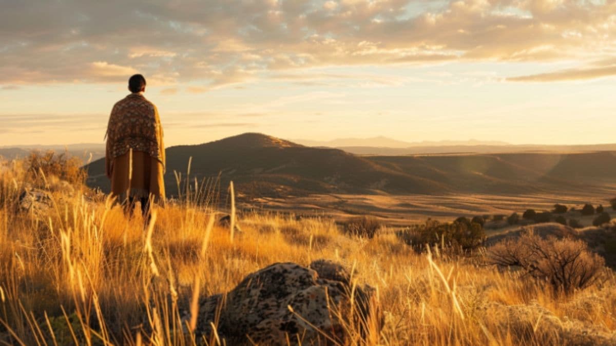 Moroni standing near the Manti Temple site in ancient America.