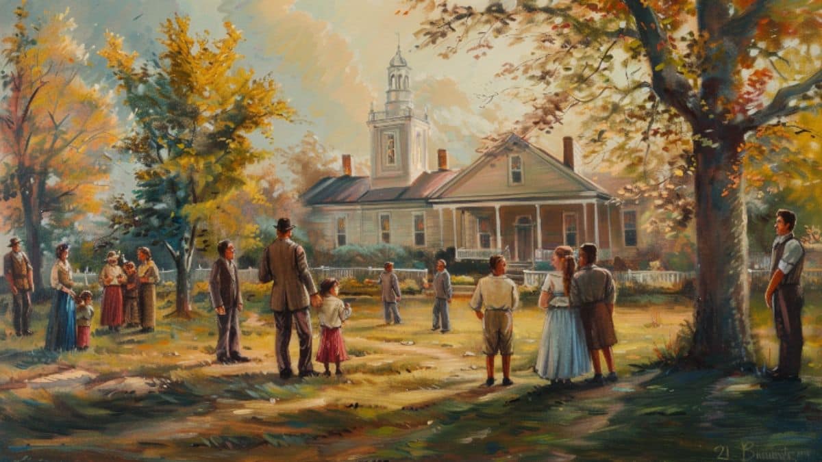 A painting of the dispensation of the gospel of Abraham typified by families gathered in front of a temple.