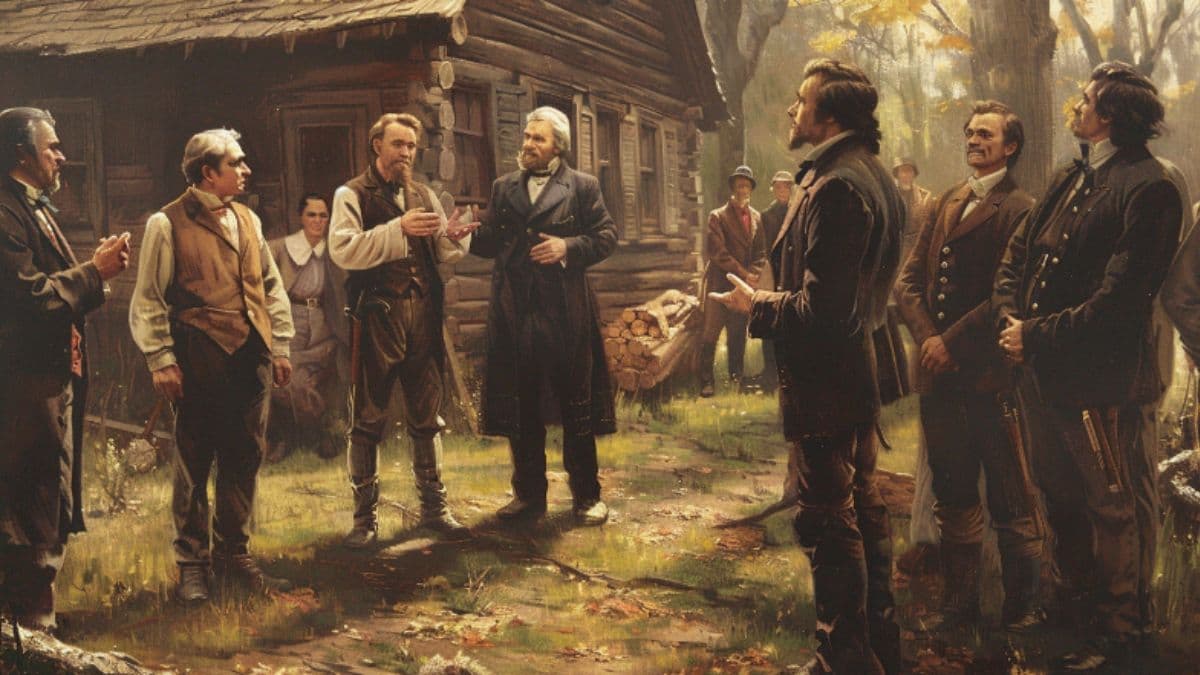 An AI image of early Latter-day Saints in Kirtland, Ohio discussing Section 76, also known as "the Vision."