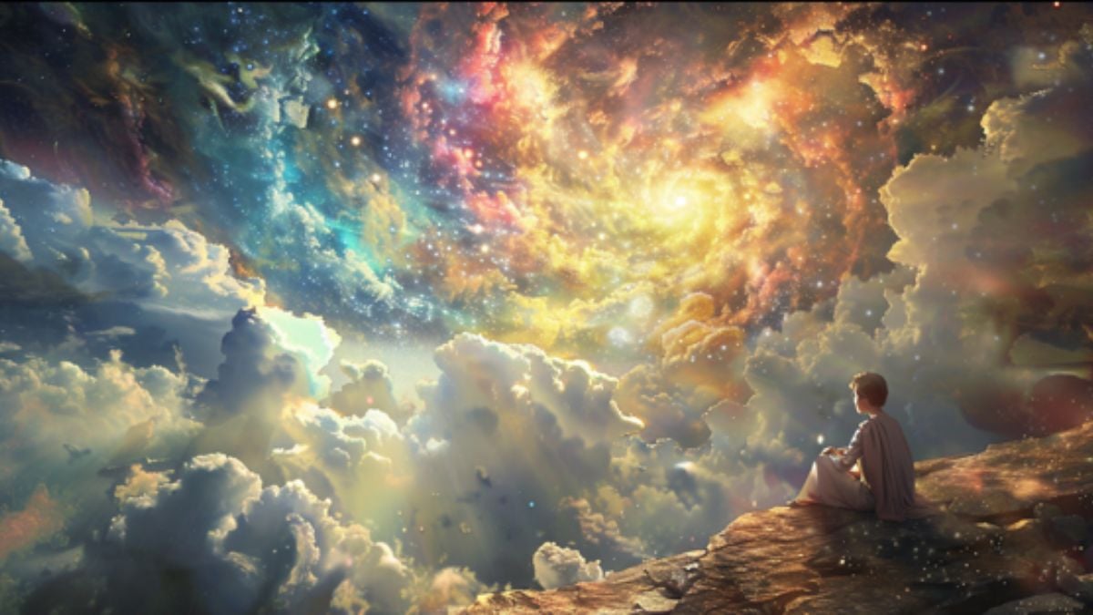 A young boy sitting in the cosmos looking at the expanse of the universe, suggesting the role of human nature in Latter-day Saint thought as taught by Truman G. Madsen.
