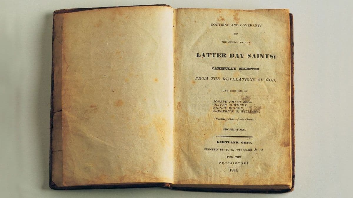 A photograph of an original first edition of the Doctrine and Covenants.