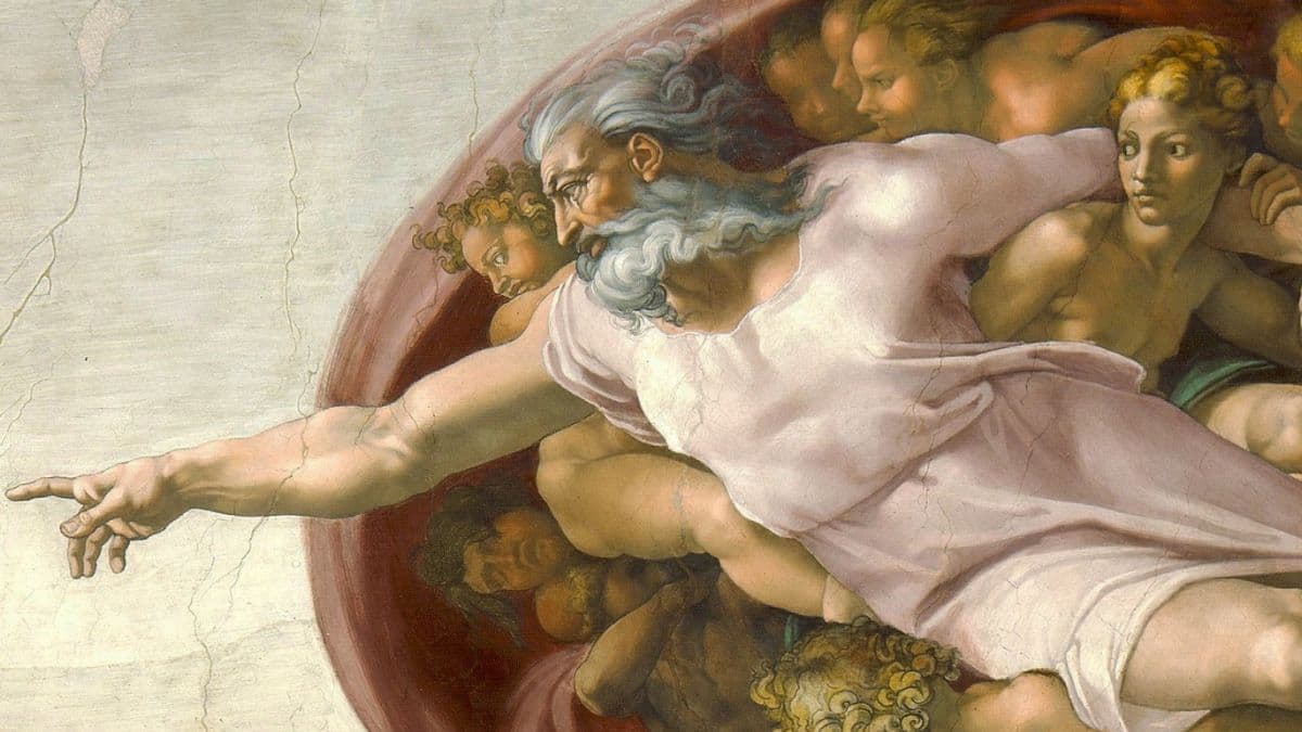 A section from the Sistine Chapel showing the hand of God outstretched toward man.