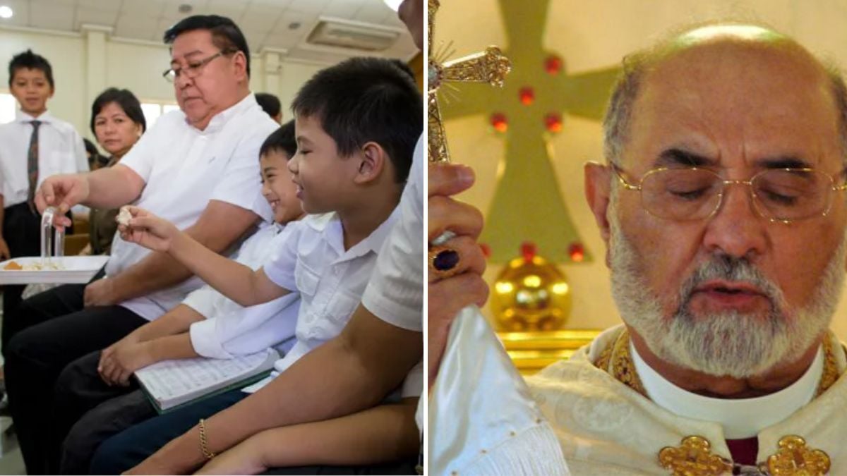 A photo of Latter-day Saints receiving the sacrament next to a photo of a priest blessing the eucharist.