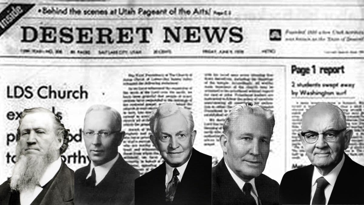 The Deseret News issue announcing the 1978 priesthood revelation, overlaid with profiles of Brigham Young, Joseph Fielding Smith, David O. McKay, Hugh B. Brown, and Spencer W. Kimball.
