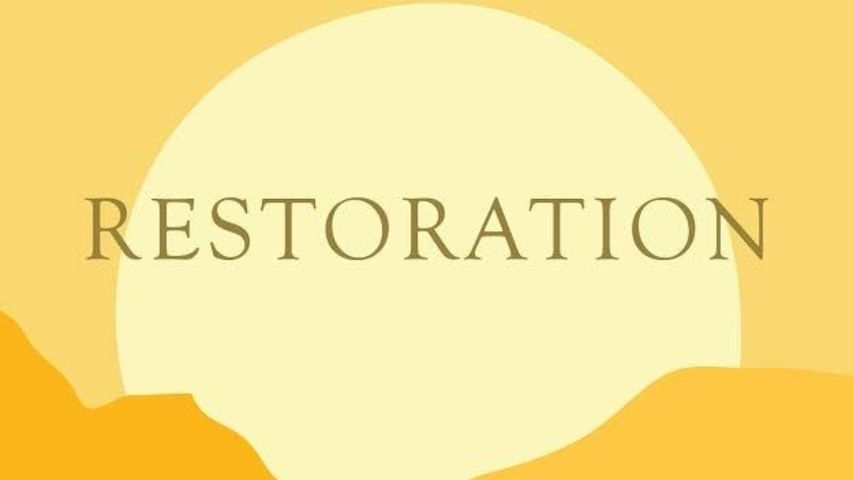 A cropped book cover of "Restoration" by Patrick Mason, in which he provides an "urgent paraphrase" of Section 1 of the Doctrine and Covenants.