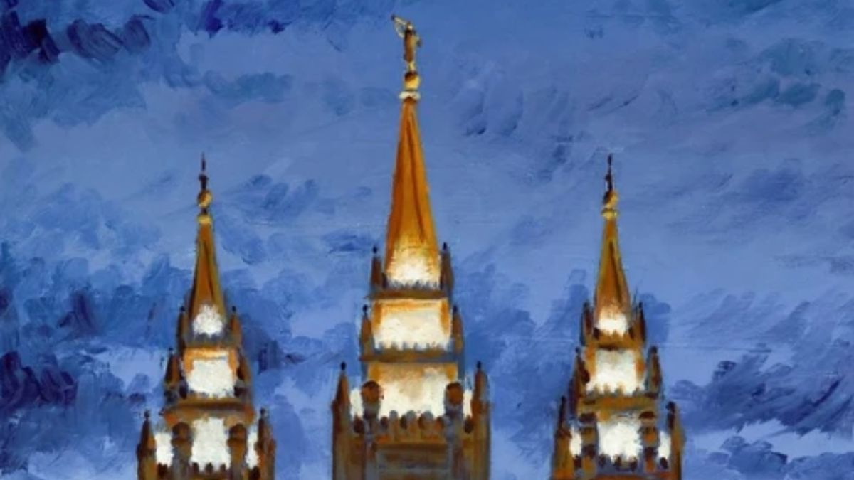 A cropped image of Anthony Sweat's painting depicted the Salt Lake City Temple.