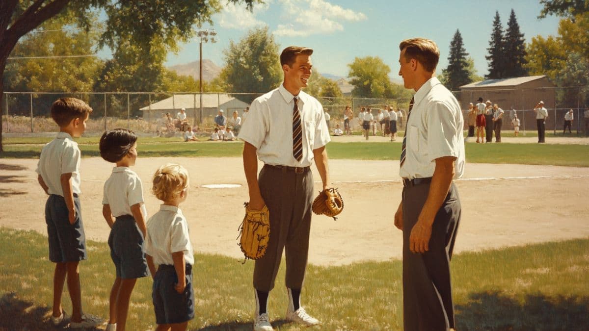 An AI-generated image of Latter-day Saint missionaries preparing to conduct baseball baptisms.