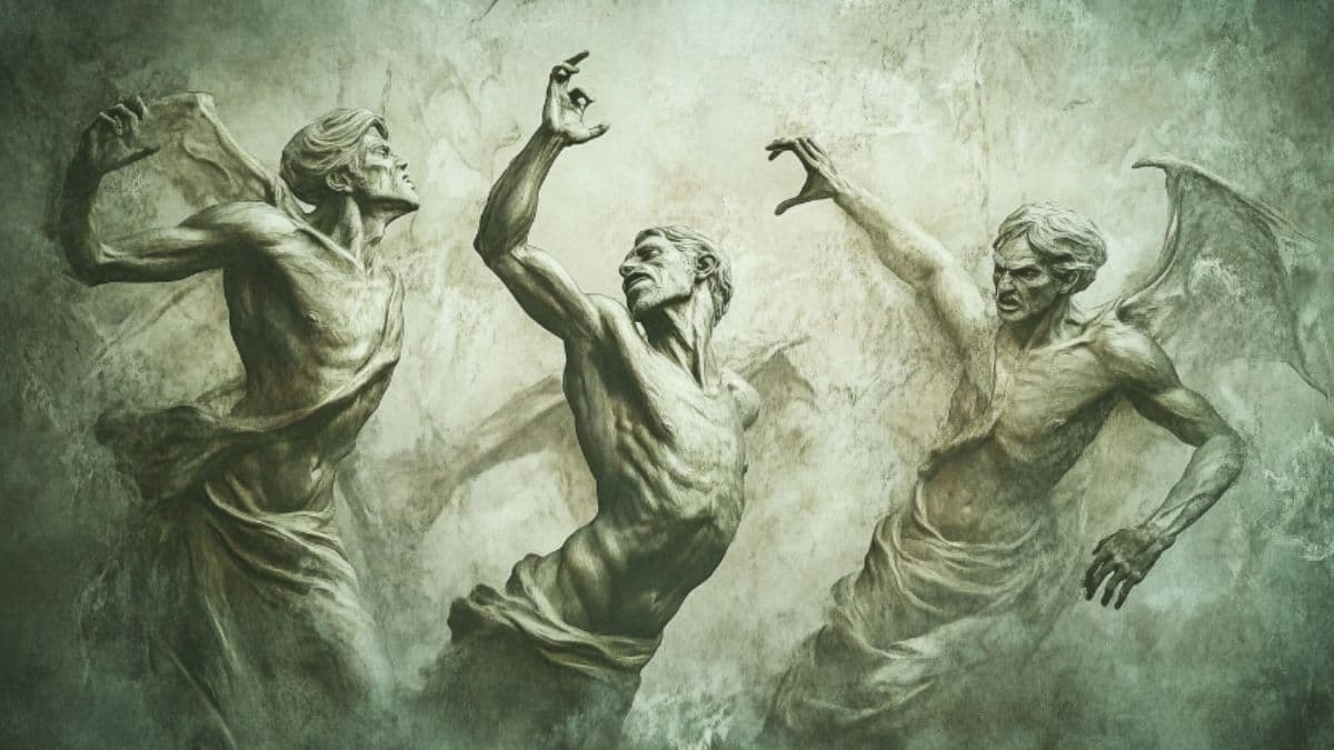 An artificially-generated image depicting Book of Mormon demons and evil spirits, in the style of Michelangelo.