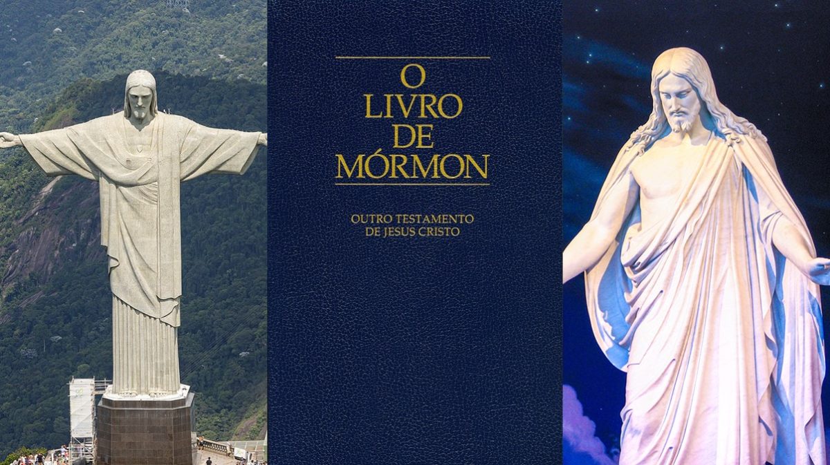 The Portuguese Book of Mormon surrounded by Christus statues.