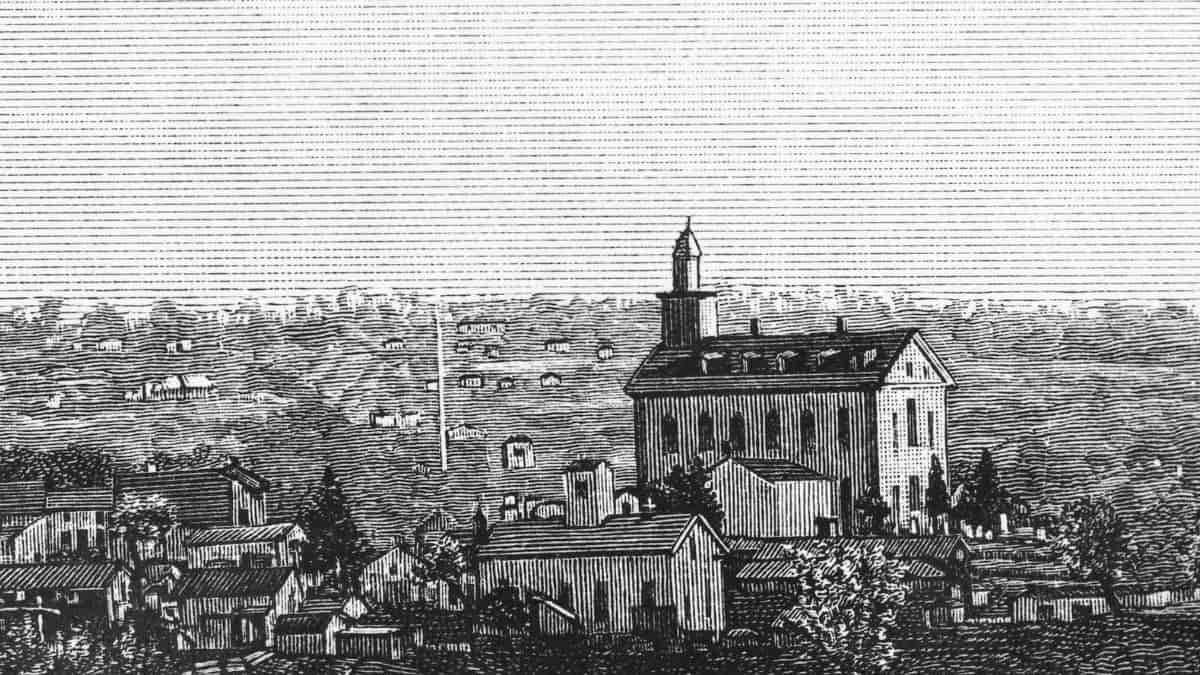 A sketch of pioneer Kirtland where Joseph Smith received the majority of the revelations in the Doctrine and Covenants.