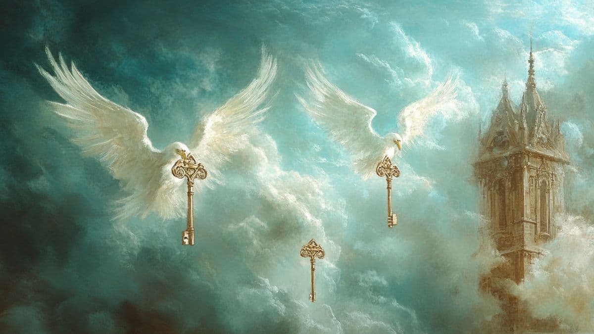 An AI-generated image of birds shaped like angels carrying keys, signifying the majesty and mystery of the keys of the ministering of angels spoken of by Joseph Smith.