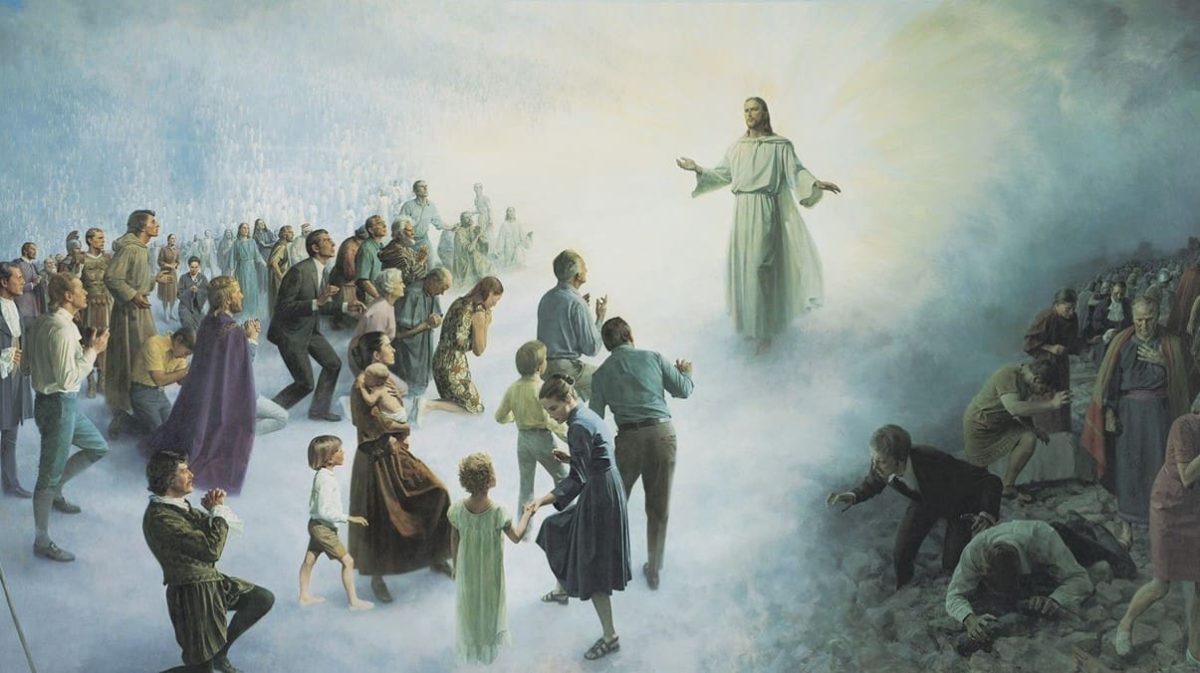 The Last Judgment (Washington D.C. Temple Mural) painting of the Savior with the righteous on his right hand and wicked on his left, reflecting the importance of agency as a theme in the Doctrine and Covenants.