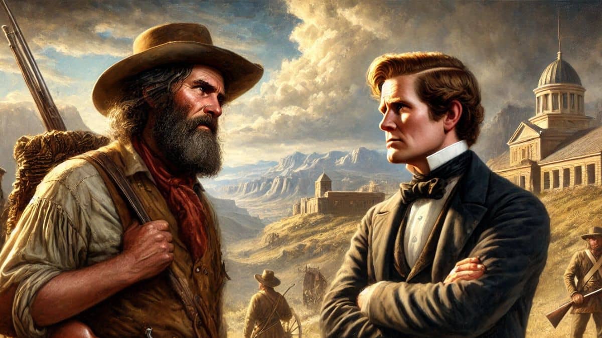 An AI painting of the mountain man Jim Bridger facing off against the prophet Brigham Young.