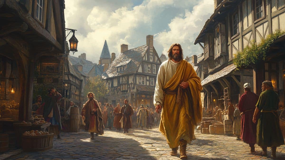 An AI-generated image of a resurrected angel Moroni preparing to translate the Book of Mormon in 1600s England.