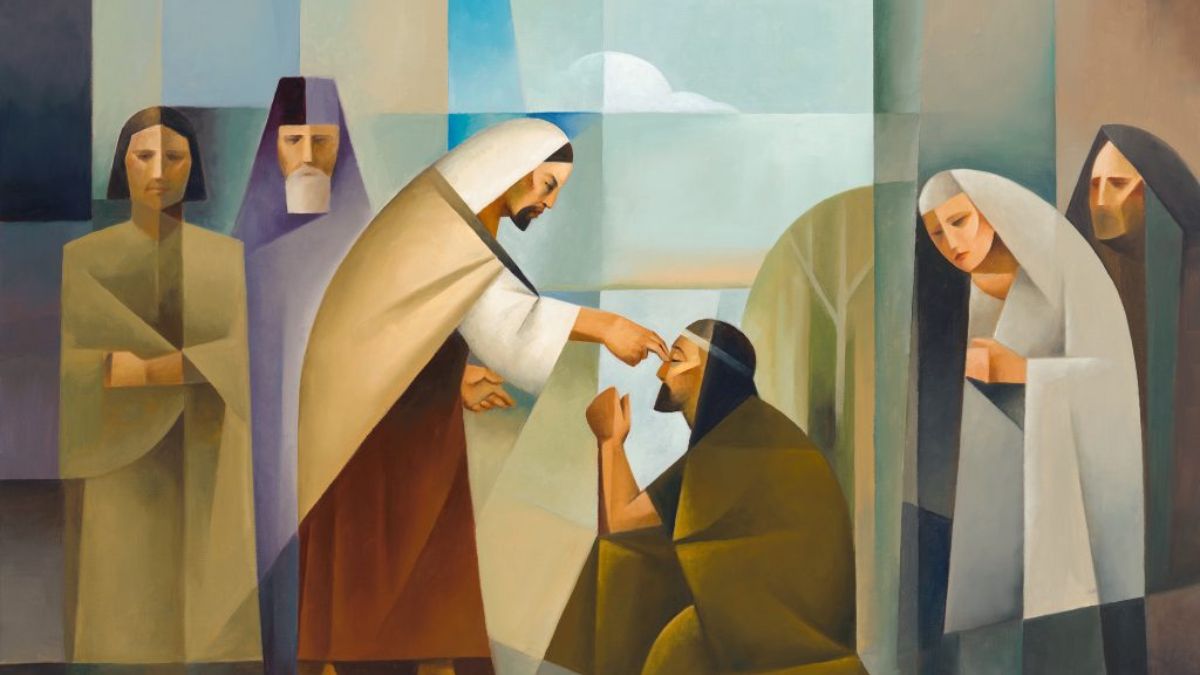 A Jorge Cocco painting of the Savior healing a blind man, reflecting the importance of seeing as a theme in the Doctrine and Covenants.