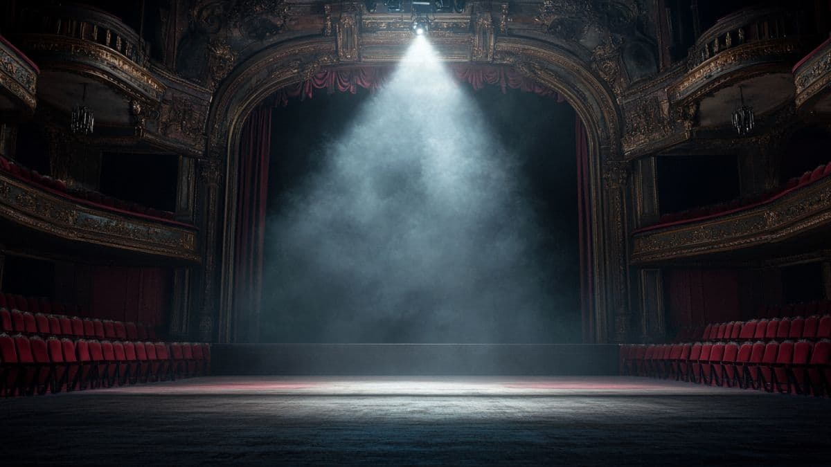 An abandoned theater with an empty stage illuminated by a single spotlight, evoking themes of self-reckoning and existential struggle in Eugene England’s Easter Weekend essay.