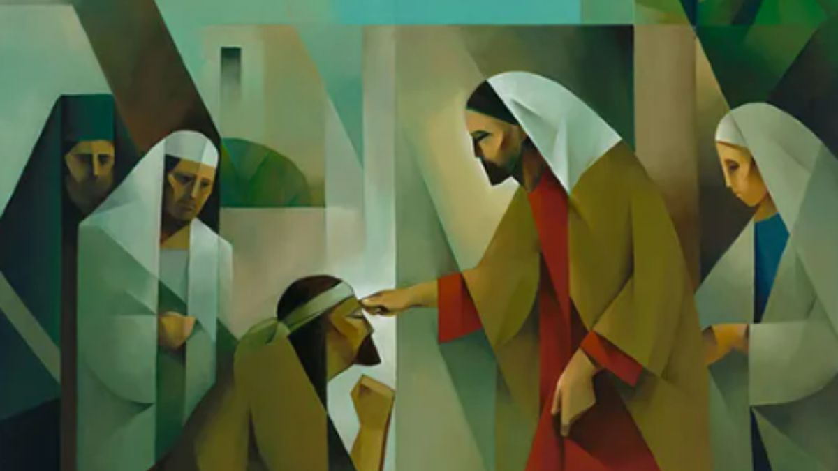 A painting of Jesus healing a blind man while surrounded by Pharisees, as portrayed by Jorge Cocco in "I was Blind, but Now I See."
