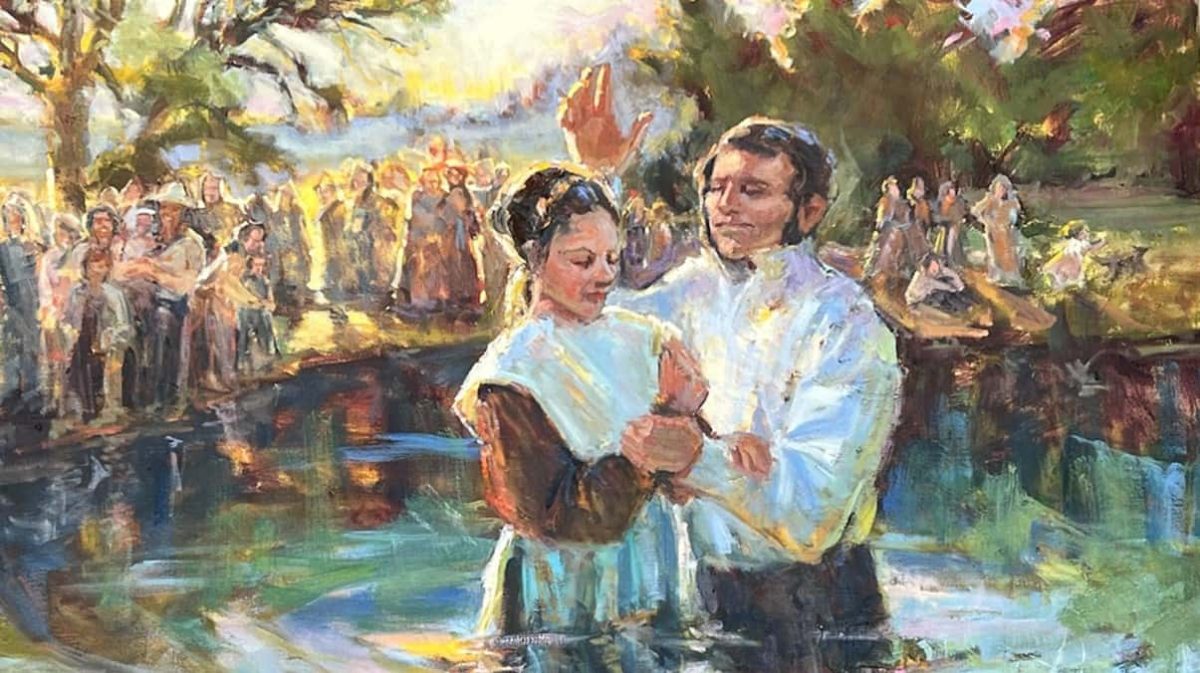 A painting of Wilford Woodruff baptizing a woman while serving a mission in England